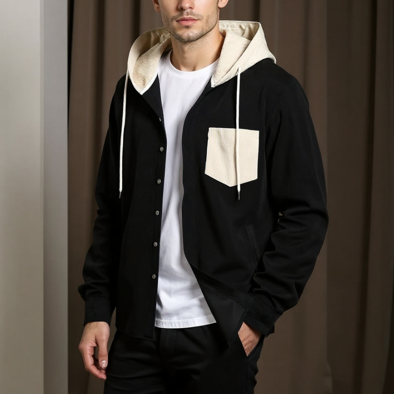 Man wearing a black jacket with a white hood and pocket, standing against a neutral background.