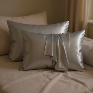 Silky pillows on a bed with a neutral background