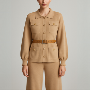 Beige jacket and pants worn by a person on a plain background