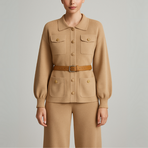 Beige jacket and pants worn by a person on a plain background