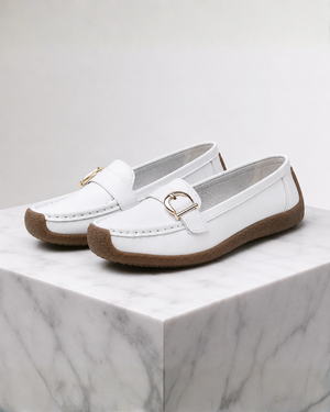 Women's white loafers color detail — versatile — Lorraine Orthopedic Buckle Loafers — Sonverdano