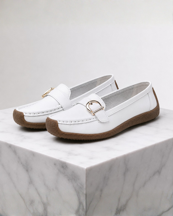 Women's white loafers color detail — versatile — Lorraine Orthopedic Buckle Loafers — Sonverdano