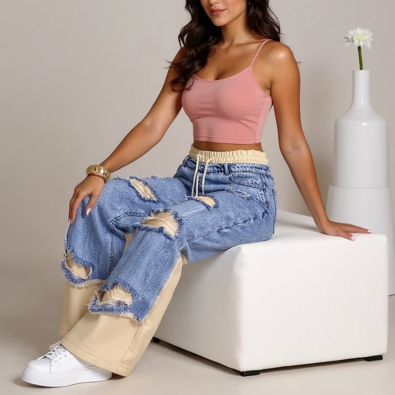 Person wearing distressed blue jeans and white sneakers on a gray background