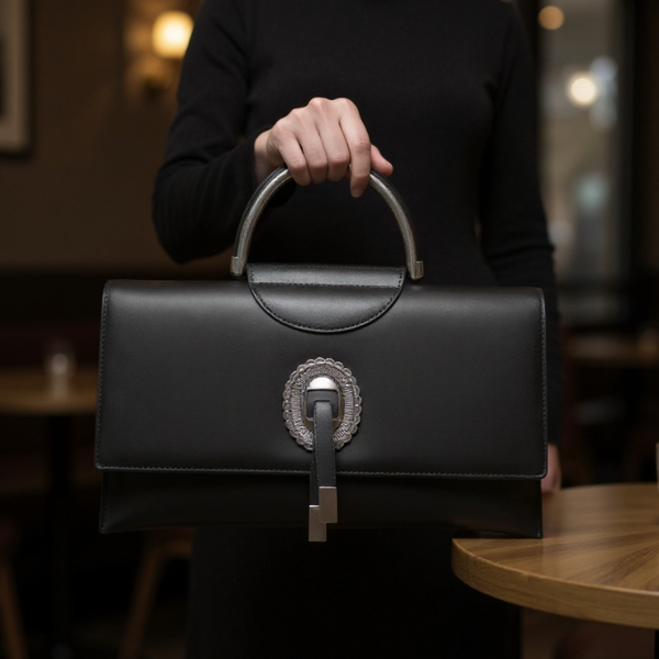 Black handbag with decorative clasp held by a person in a blurred indoor setting
