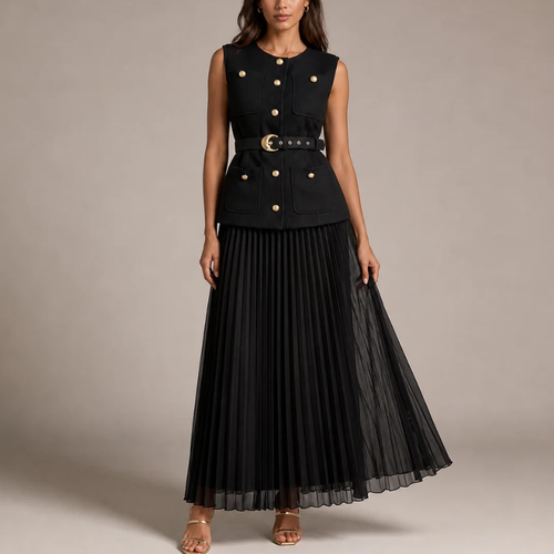 Women's black chiffon dress back view — chic — Cosette 2 Piece Set for every occasion — Sonverdano