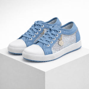 Women's blue denim sneakers back view — casual — Stacy Denim Lace Sneakers — Sonverdano