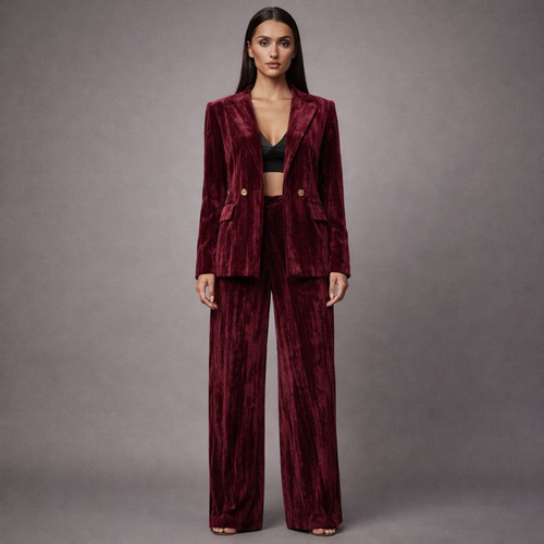 Woman wearing a burgundy velvet suit against a gray background