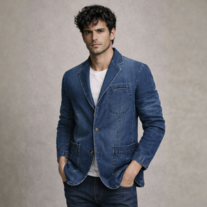 Men's blue denim blazer alternate angle — smart casual — Mateo Denim Blazer — Sonverdano