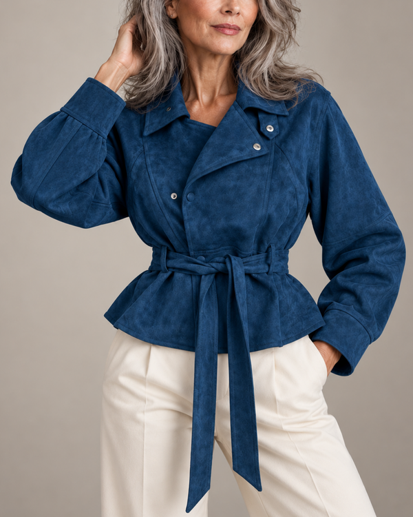 Women's blue suede jacket alternate angle — outerwear — Diane Peplum Jacket — Sonverdano