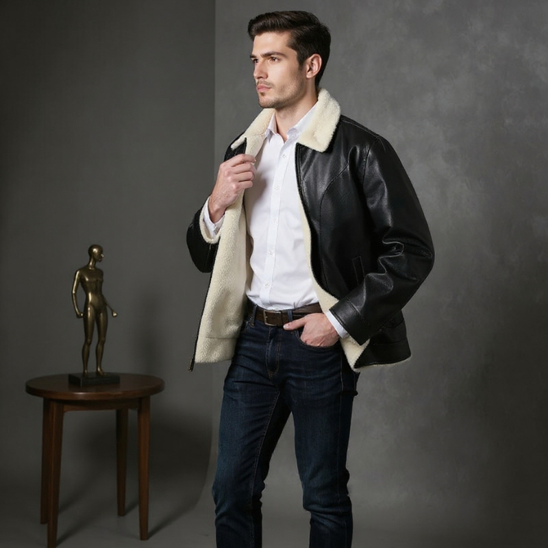 Brown leather jacket with cream fur lining on a snowy background