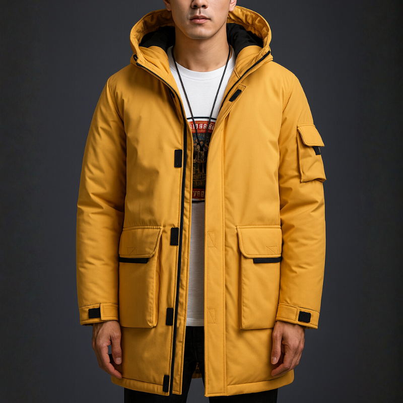 Person wearing a yellow parka coat on a dark background