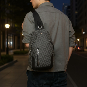 Person wearing a gray geometric-patterned backpack on a city street at night.