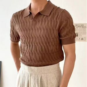 Brown textured short-sleeve shirt worn by a person on a plain background