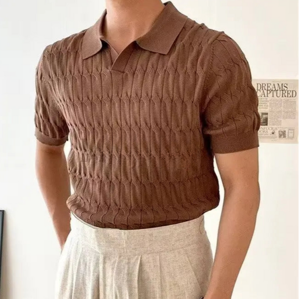 Brown textured short-sleeve shirt worn by a person on a plain background