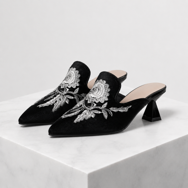 Women's floral heels alternate angle — elegant — Harriet Embroidered Pointed Mules — Sonverdano