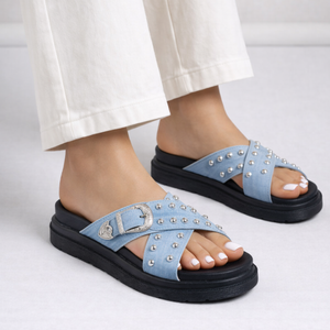 Women's blue sandals side view — summer for every occasion — Cindy Buckle Sandals — Sonverdano