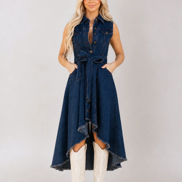 Women's navy denim dress alternate angle — chic — Loretta Denim Dress — Sonverdano