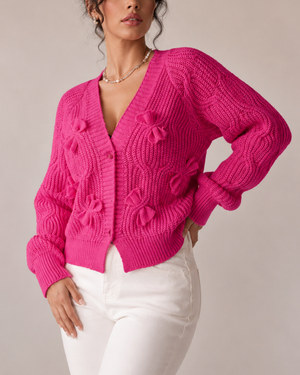 Women's textured cardigan front view — cozy — Ariana Bow Knit Cardigan — Sonverdano