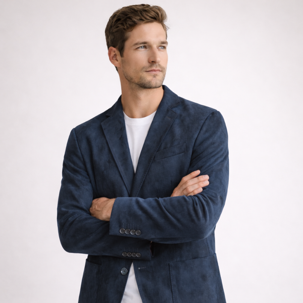 Man wearing a navy blue blazer over a white shirt on a light gray background
