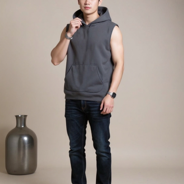 Man wearing a gray sleeveless hoodie and dark jeans standing next to a vase on a beige background