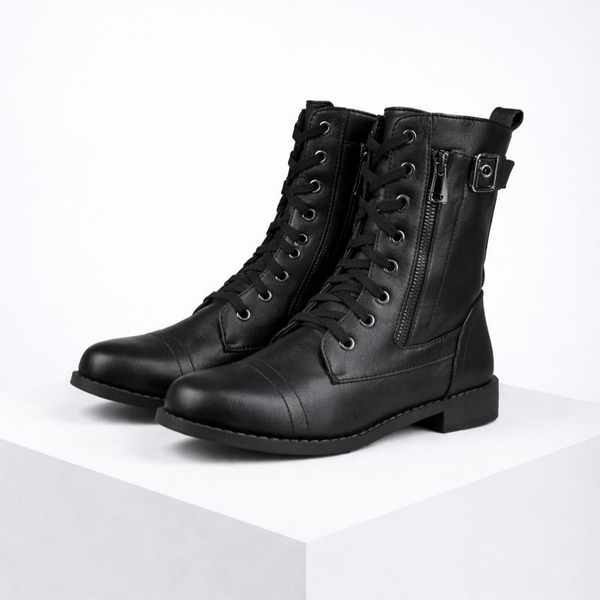 Pair of black leather boots with zippers on a white background