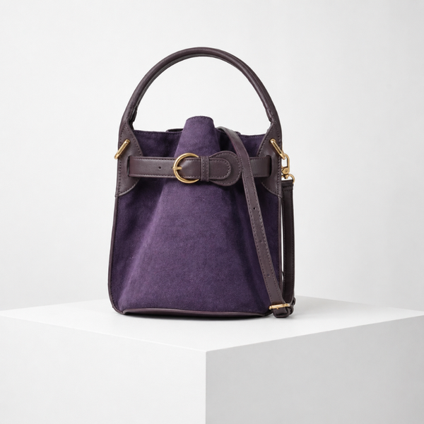 Women's purple suede bag alternate angle — everyday — Celeste Bucket Bag — Sonverdano
