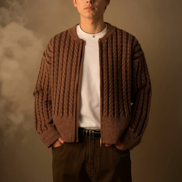 Person wearing a brown knitted cardigan over a white shirt against a neutral background