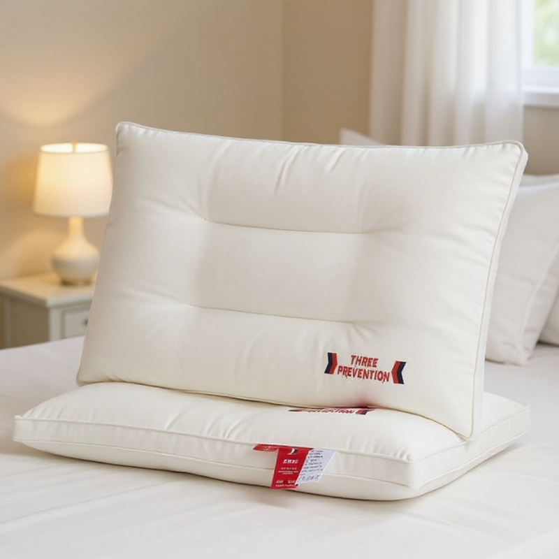 Two white pillows with 'Three Prevention' branding on a bed.