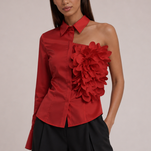Women's red floral freesia color detail — versatile — Freesia One-Shoulder Shirt — Sonverdano