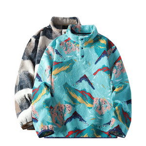 Two fleece pullovers, one with a geometric pattern and the other with abstract art design, on a white background.