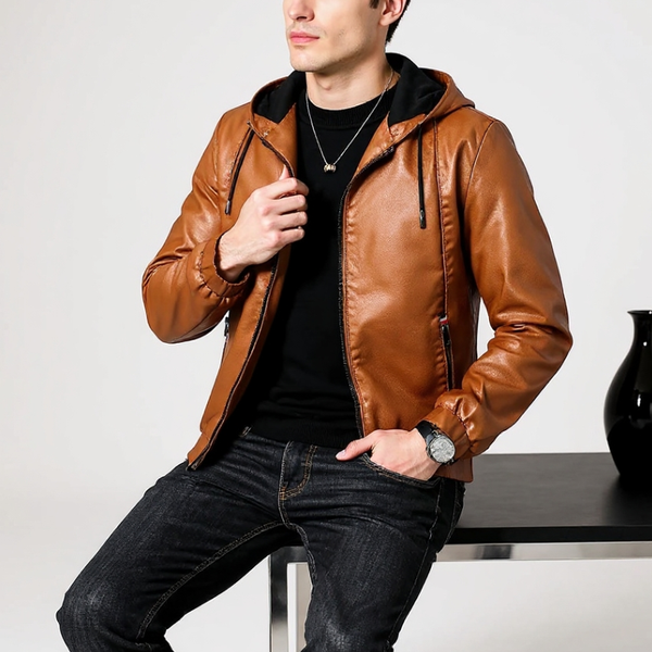Man wearing a brown leather jacket and black jeans against a white background