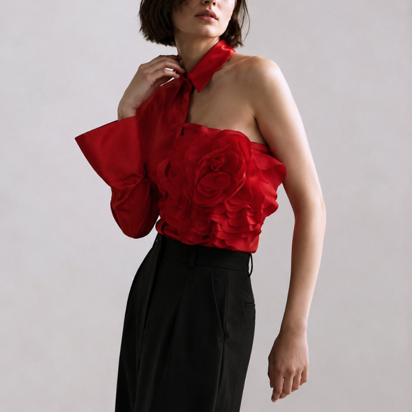 Women's floral freesia styled look — versatile — Freesia One-Shoulder Shirt — Sonverdano