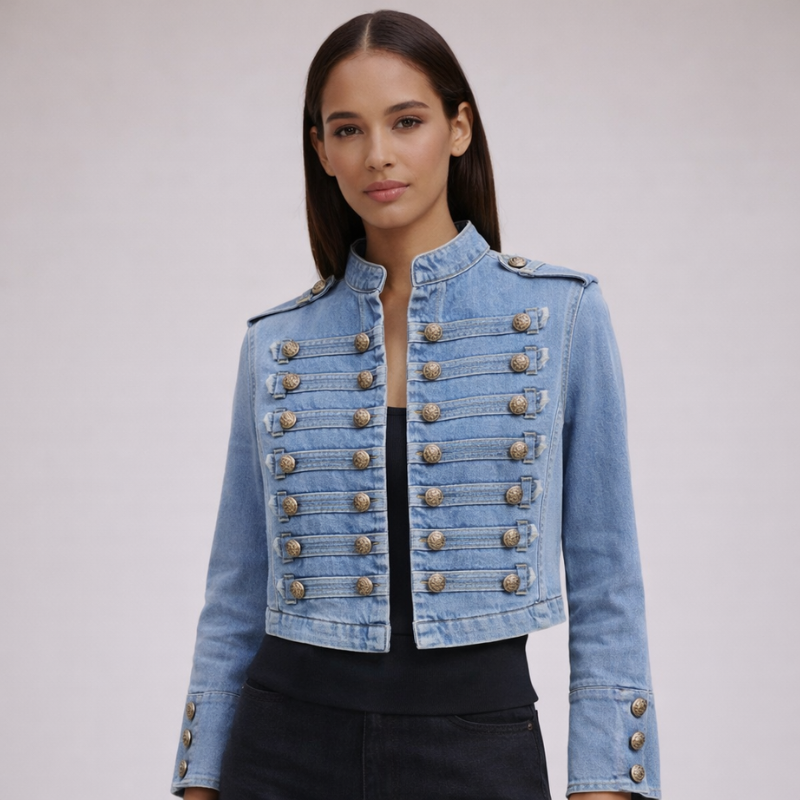 Women's black denim jacket front view — outerwear — Alexandra Military Jacket — Sonverdano