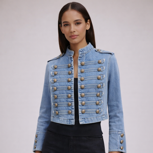 Women's blue denim jacket alternate angle — outerwear — Alexandra Military Jacket — Sonverdano