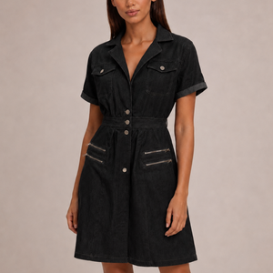 Women's black denim dress close-up — chic — Nina Denim Midi Dress for every occasion — Sonverdano