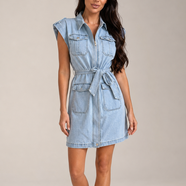 Women's blue denim dress close-up — summer — Aspen Denim Shirt Dress — Sonverdano
