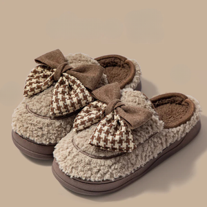 Women's brown bow teddy slippers — footwear