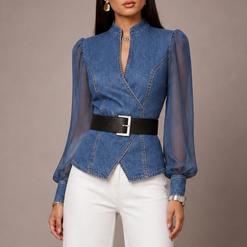 Women's blue denim dea front view — versatile — Dea Medina Summer Top — Sonverdano