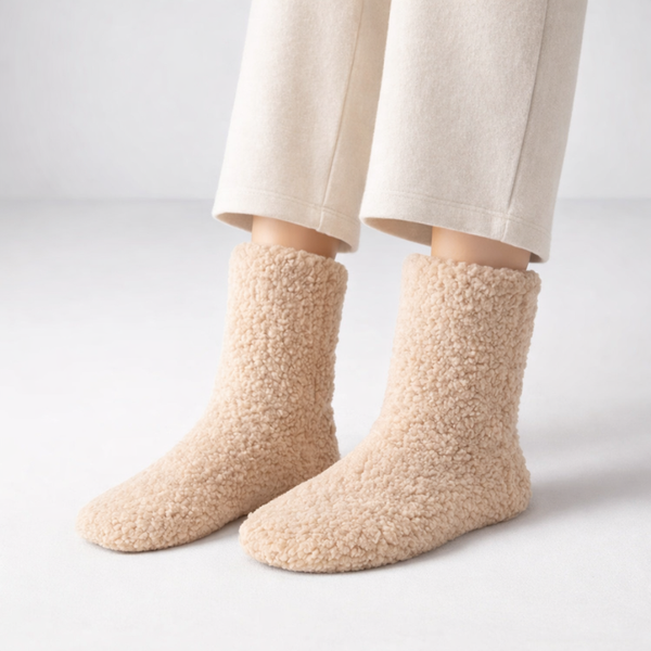 Beige fuzzy socks worn with light-colored pants on a plain background