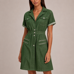 Women's green denim dress color detail — chic — Nina Denim Midi Dress — Sonverdano