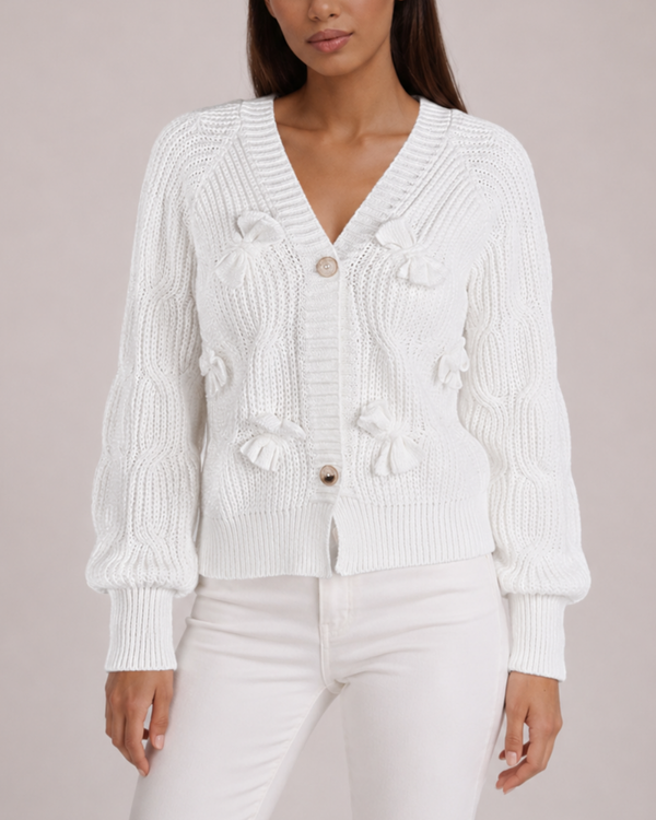 Women's white textured cardigan back view — cozy — Ariana Bow Knit Cardigan — Sonverdano