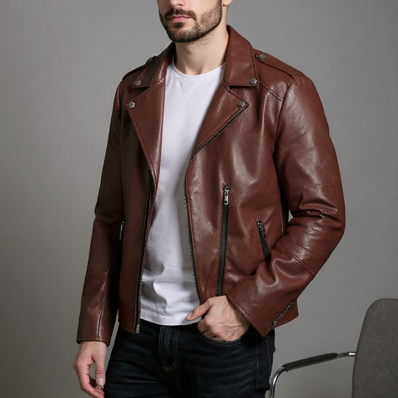 Green leather jacket worn by a person on a gray background