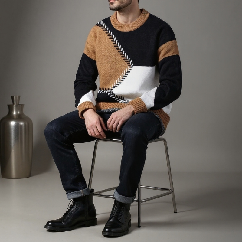 Man wearing a patterned sweater sitting on a chair with a neutral background