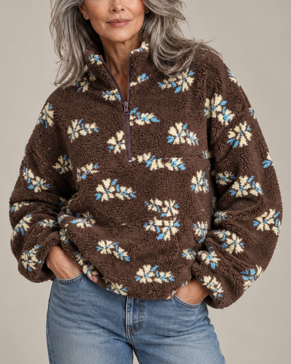 Women's brown fleece sweater back view — cozy — Fiorella Fleece Sweatshirt — Sonverdano