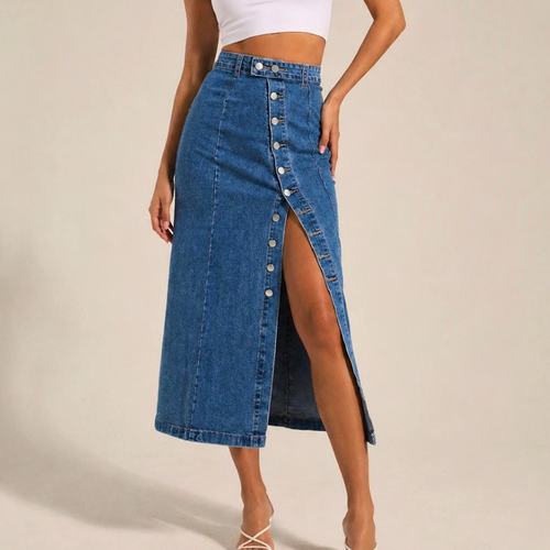 Women's blue denim skirt front view — chic — Dea Bella Denim Skirt for every occasion — Sonverdano