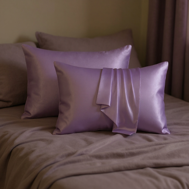 Silky pillows on a bed with a neutral background