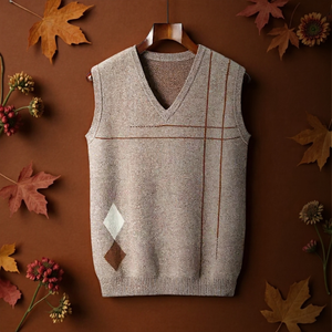 Brown argyle sweater vest on a hanger with autumn leaves and flowers on a brown background