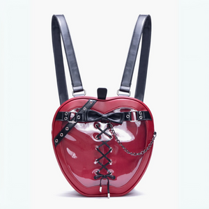 Red heart-shaped backpack with black accents on a white background