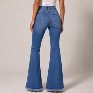 Women's floral jeans detail view — casual — Flora Embroidered Flare Jeans — Sonverdano