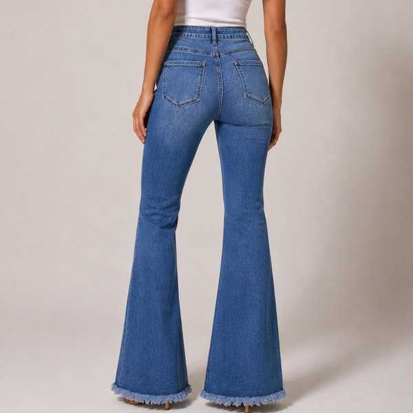 Women's floral jeans detail view — casual — Flora Embroidered Flare Jeans — Sonverdano